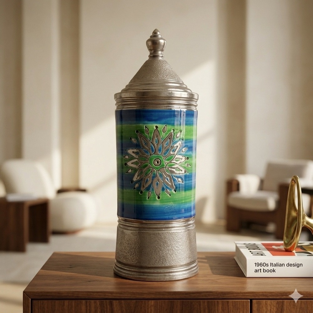 Bitossi Italy‎ Blue Green Sgraffito Sun Canister Jar with Lid HTF